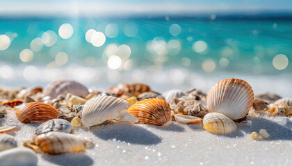 Seashells on the beach, Shells on the Beach, Bokeh background 