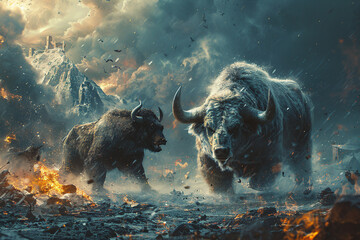 Black yak in the fire with smoke and flames. 3d rendering - obrazy, fototapety, plakaty