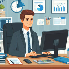 Young businessman working on computer in office, vector illustration