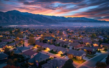 Twilight Over Santa Clarita: A Serene Aerial View of Residential Houses with Scenic Mountain Backdrop