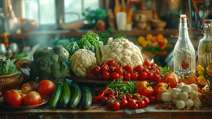 Badezimmer Foto Rückwand Various vegetables displayed on the table, essential natural foods © Валерія Ігнатенко