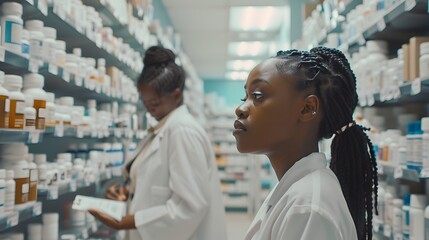 Black pharmacist chemist checks prescription orders