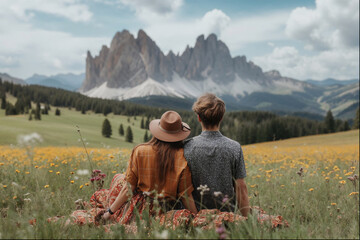Young couple in love doing picnic visiting alps.