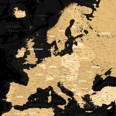 Europe - Highly Detailed Vector Map of the Europe. Ideally for the Print Posters. Black Golden Beige Retro Style