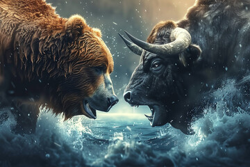 A bear and a bull facing off in a dramatic, stormy sea setting, symbolizing financial market trends. - obrazy, fototapety, plakaty