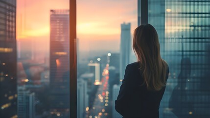 Professional business woman looking through window of her office skyscraper looking at bustling modern city thinking at her work - Powered by Adobe