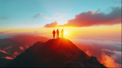 Photo sur Aluminium Matin avec brouillard People standing on top of the mountain during sunrise