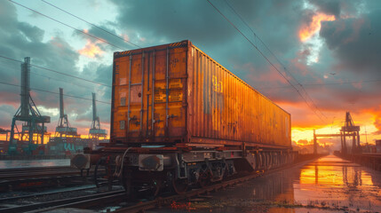 Fototapeta premium A container being lifted from a ship onto a waiting train showcasing the seamless transfer between water and rail transport in intermodal systems.