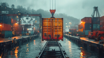 A container being lifted from a ship onto a waiting train showcasing the seamless transfer between water and rail transport in intermodal systems.
