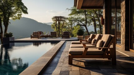 Terrace with chairs and swimming pool