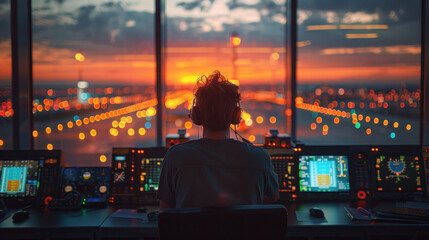 A Male Air Traffic Controller with Headset Talk on a Call in Airport Tower. Office Room is Full of Desktop Computer Displays with Navigation Screens.