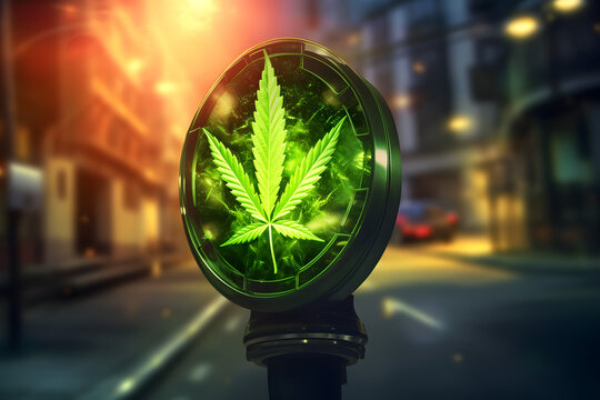 Cannabis leaf on a green traffic light