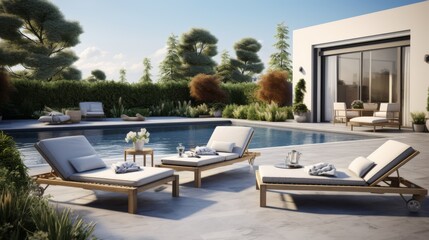 Terrace with chairs and swimming pool - obrazy, fototapety, plakaty