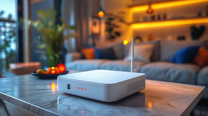 A new white Wi-Fi router on the table indoors. - obrazy, fototapety, plakaty