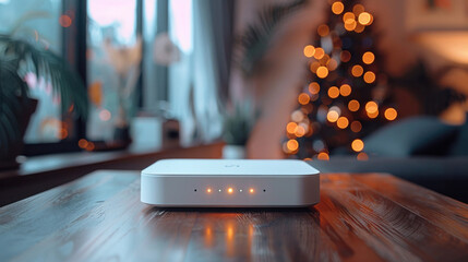 A new white Wi-Fi router on the table indoors. - obrazy, fototapety, plakaty