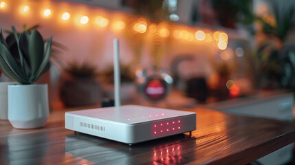 A new white Wi-Fi router on the table indoors.