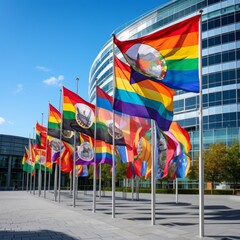 Stock image of LGBTQ pride flags and symbols displayed in public spaces, promoting visibility and acceptance Generative AI