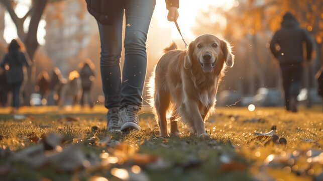 Walking with dog at park during morning walk, sunlight