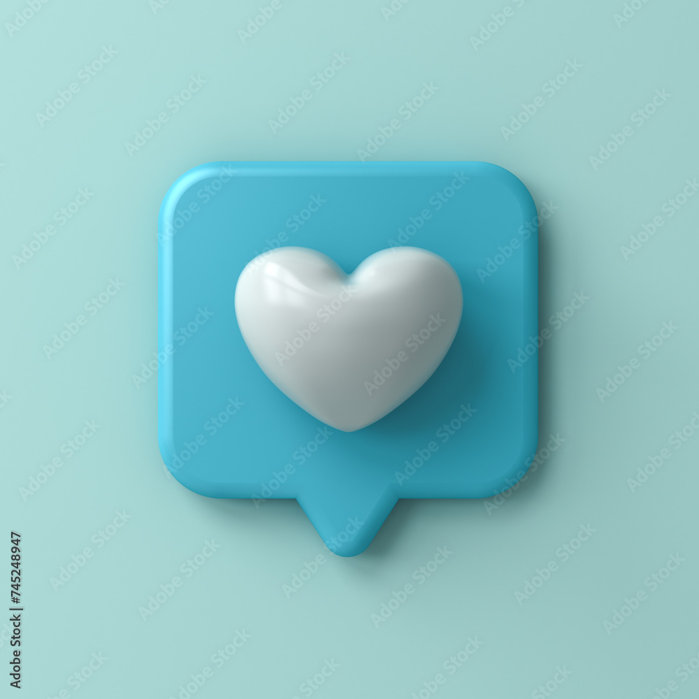 Poster 3d blue love like heart social media notification icon on blue pastel color or cyan wall background 