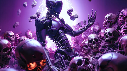 Futuristic cyborg amidst floating skulls in a surreal purple environment, depicting sci-fi or cyberpunk themes.
