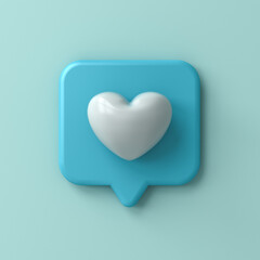 3d blue love like heart social media notification icon on blue pastel color or cyan wall background with shadow minimal conceptual 3D rendering