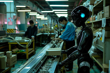 Obraz premium In the heart of the production line, the humanoid robot stands alongside workers at the conveyor belt, their coordinated efforts ensuring the smooth progression of goods through th