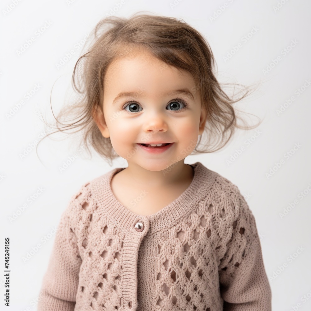 Poster stock image of a baby girl in a knitted cardigan on a white backdrop generative ai