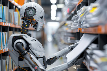 Fototapeta premium Amidst the hustle and bustle of a busy workplace, a humanoid robot aids employees by organizing files and managing administrative tasks with unparalleled accuracy.