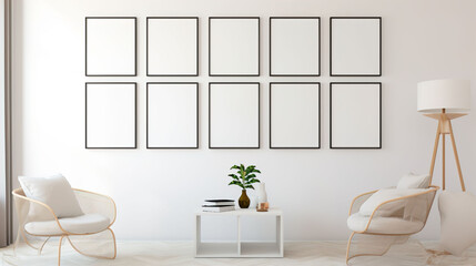 Gallery Wall Frames, gallery wall frames on a minimalist white wall background with Series of photographs, thematic art prints, inspirational quotes. - obrazy, fototapety, plakaty