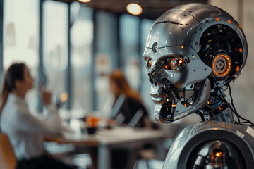Close-up of a humanoid robot's metallic frame as it collaborates with office workers, its LED eyes emanating a sense of focus and dedication to its tasks.