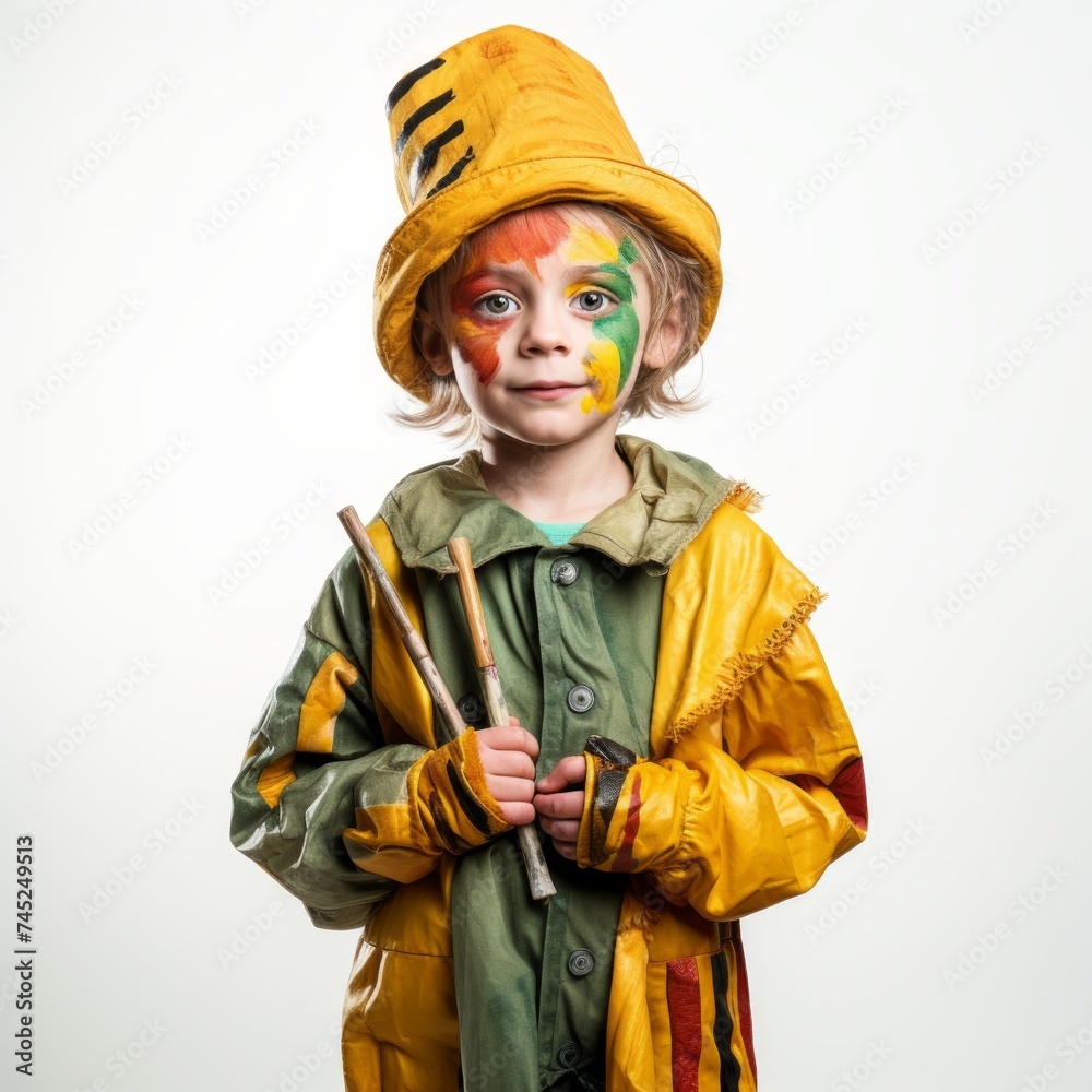 Poster Stock image of a child in a themed costume on a plain white background Generative AI