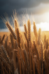 Golden wheat field in sunny day. Ripe spikelets of ripe wheat. Closeup spikelets on a wheat field against warm sunset sky. - 745249719