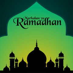 Marhaban ya Ramadhan greeting card with mosque silhouette on gradient green background