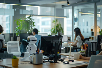 Amidst the hum of productivity, the humanoid robot converses with office workers, its voice resonating with clarity and authority, fostering effective communication channels. - obrazy, fototapety, plakaty