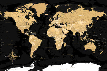 World Map - Highly Detailed Vector Map of the World. Ideally for the Print Posters. Black Golden Beige Retro Style. With Relief and Depth