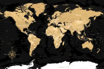 Foto op Aluminium World Map - Highly Detailed Vector Map of the World. Ideally for the Print Posters. Black Golden Beige Retro Style. With Relief and Depth © Porcupen