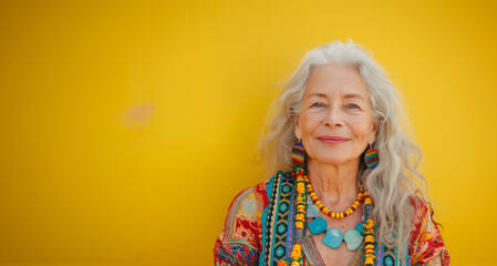 middle-aged woman smiling and looking directly at the camera. smile radiates warmth and kindness. atmosphere of trust, human emotionality and supporting positive mood. Banner. Copy space. Yellow wall - obrazy, fototapety, plakaty