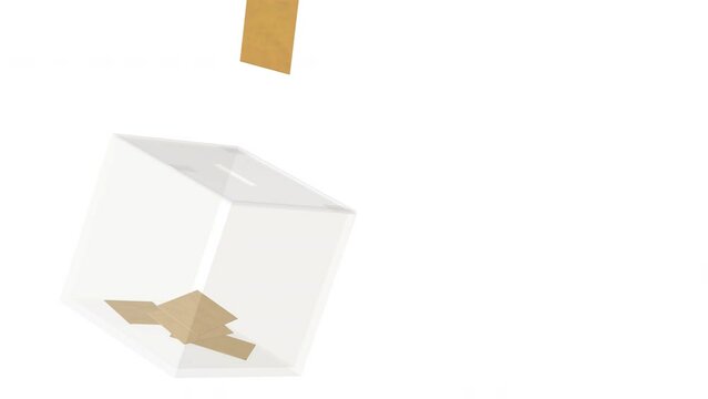 Voting envelope flying into glass ballot box on empty white background, copy space. Horizontal 3d render animation design. Democratic election concept.