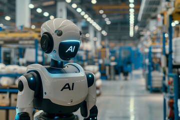 Against the backdrop of industrial machinery, the humanoid robot, proudly displaying the AI logo, seamlessly integrates into the production process, aiding workers and optimizing w