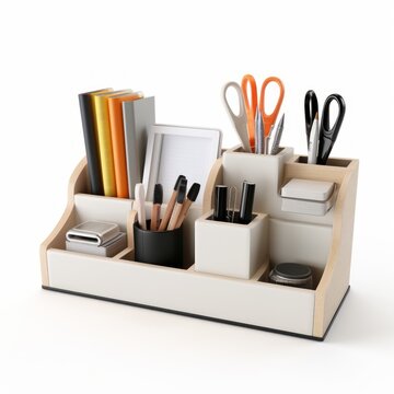 Stock image of a desk organizer set on a white background, functional, decluttering desk items Generative AI