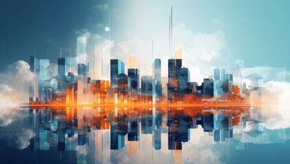 Abstract future city skyline in blue and orange colors ,cityscape with sky reflection in the water, horizontal background 