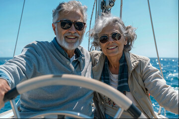 attractive elderly old retired couple on their yacht