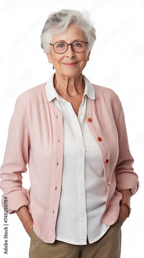 Poster stock image of a grandma in everyday attire on a plain white background generative ai
