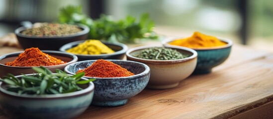 A wooden table is covered with bowls filled with an assortment of vibrant spices. Each bowl holds...