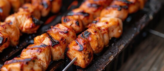 A close-up view of a metal skewer loaded with chicken kabobs cooking on a grill. The skewer...