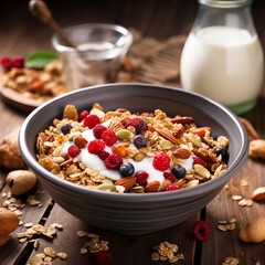 Muesli with berries and milk.  A healthier option muesli or granola is made from milk and oats.