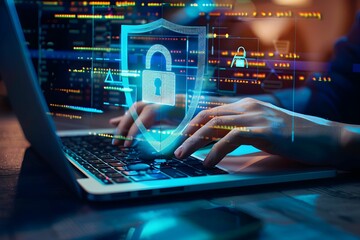 A person typing on a laptop is overlaid with a digital shield, artistically representing cybersecurity and data protection. - obrazy, fototapety, plakaty