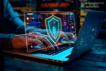Depicting cybersecurity artistically, a digital shield overlays a person typing on a laptop, symbolizing data protection.