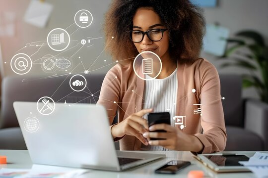 Using her smartphone, a young woman engages with a digital world surrounded by icons representing the interconnected nature of modern technology.