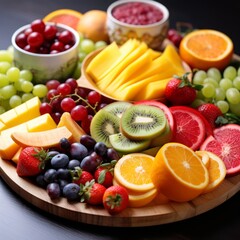 Stock image of a nutritious fruit platter, variety of fruits, fresh and appetizing Generative AI
